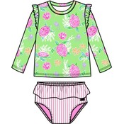 RuffleButts + RuggedButts Neon Turtle Tide Flutter Long Sleeve Rash Guard Skirted 2-Piece Swimsuit