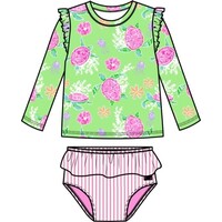 RuffleButts + RuggedButts Neon Turtle Tide Flutter Long Sleeve Rash Guard Skirted 2-Piece Swimsuit