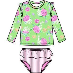 RuffleButts + RuggedButts *PRE-ORDER*Neon Turtle Tide Flutter Long Sleeve Rash Guard Skirted 2-Piece Swimsuit