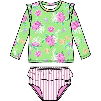 RuffleButts + RuggedButts Neon Turtle Tide Flutter Long Sleeve Rash Guard Skirted 2-Piece Swimsuit