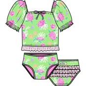 RuffleButts + RuggedButts Neon Turtle Tide Puff Sleeve Ruffle Tankini 2-Piece Swimsuit