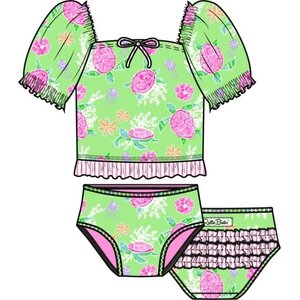 RuffleButts + RuggedButts Neon Turtle Tide Puff Sleeve Ruffle Tankini 2-Piece Swimsuit
