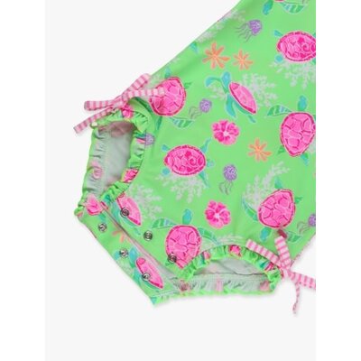 RuffleButts + RuggedButts Neon Turtle Tide Long Sleeve One Piece Rash Guard