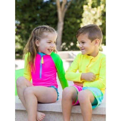 RuffleButts + RuggedButts Neon Color Block Dolphin Hem Swim Trunks