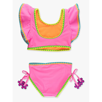RuffleButts + RuggedButts Neon Pink Crochet Detail Butterfly Tankini 2-Piece Swimsuit