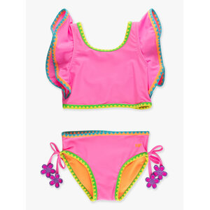 RuffleButts + RuggedButts Neon Pink Crochet Detail Butterfly Tankini 2-Piece Swimsuit