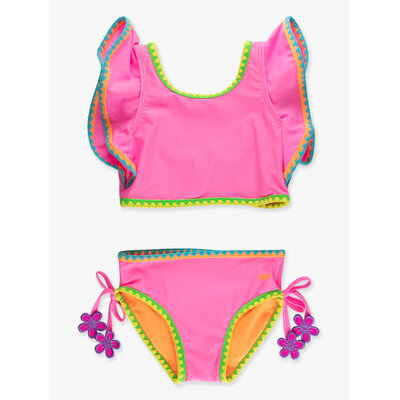 RuffleButts + RuggedButts Neon Pink Crochet Detail Butterfly Tankini 2-Piece Swimsuit