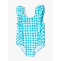 RuffleButts + RuggedButts Bright Aqua Gingham Waterfall One Piece Swimsuit
