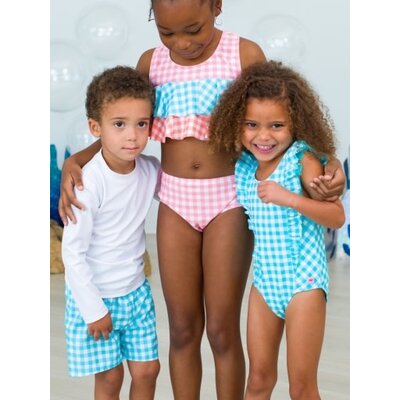 RuffleButts + RuggedButts Bright Aqua Gingham Waterfall One Piece Swimsuit