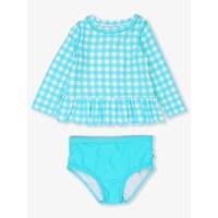 RuffleButts + RuggedButts Bright Aqua Gingham Scallop Hem Long Sleeve Rash Guard 2-Piece, with Signature Rear Ruffles