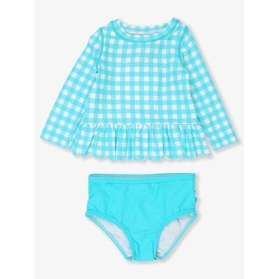 RuffleButts + RuggedButts Bright Aqua Gingham Scallop Hem Long Sleeve Rash Guard 2-Piece, with Signature Rear Ruffles
