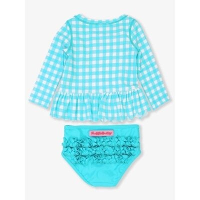 RuffleButts + RuggedButts Bright Aqua Gingham Scallop Hem Long Sleeve Rash Guard 2-Piece, with Signature Rear Ruffles