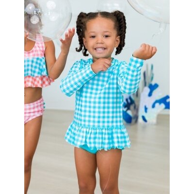 RuffleButts + RuggedButts *PRE-ORDER*Bright Aqua Gingham Scallop Hem Long Sleeve Rash Guard 2-Piece, with Signature Rear Ruffles