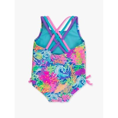 RuffleButts + RuggedButts Neon Ocean Coral Cross-Back One Piece Swimsuit