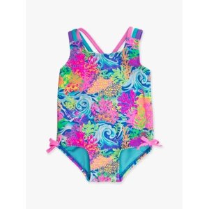 RuffleButts + RuggedButts Neon Ocean Coral Cross-Back One Piece Swimsuit