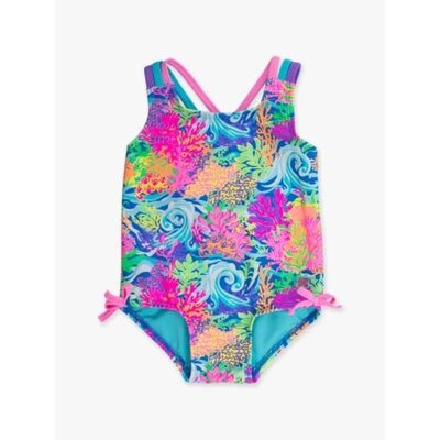 RuffleButts + RuggedButts Neon Ocean Coral Cross-Back One Piece Swimsuit