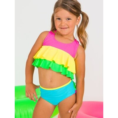 RuffleButts + RuggedButts Neon Color Block Flounce Bikini 2-Piece Swimsuit, with Signature Rear Ruffles