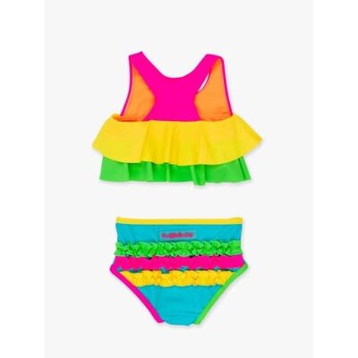 RuffleButts + RuggedButts Neon Color Block Flounce Bikini 2-Piece Swimsuit, with Signature Rear Ruffles