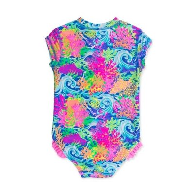 RuffleButts + RuggedButts Neon Ocean Coral Girls Short Sleeve Rash Guard One Piece