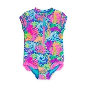 RuffleButts + RuggedButts Neon Ocean Coral Girls Short Sleeve Rash Guard One Piece