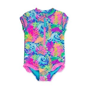 RuffleButts + RuggedButts Neon Ocean Coral Girls Short Sleeve Rash Guard One Piece