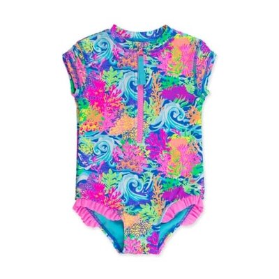 RuffleButts + RuggedButts Neon Ocean Coral Girls Short Sleeve Rash Guard One Piece