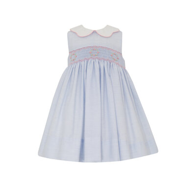 Petit Bebe Riley Blue Tiny Stripe Sleeveless Dress w/Scalloped Collar