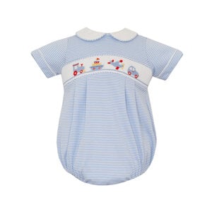 Petit Bebe *PRE-ORDER*Transportation Lt Blue Stripe Knit Bubble