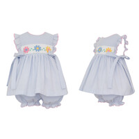 Anavini Daisies Lt Blue Seersucker Bloomer Set w/Side Bows