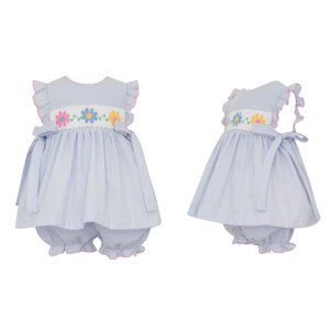 Anavini Daisies Lt Blue Seersucker Bloomer Set w/Side Bows