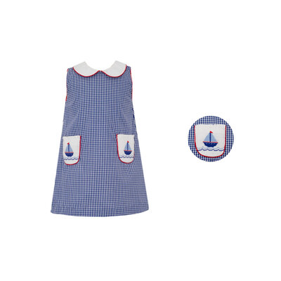 Anavini *PRE-ORDER*Sailboats Navy Gingham A-line Dress w/Pockets