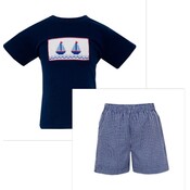 Anavini Sailboats Navy Gingham Boy's Short Set