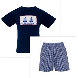 Anavini Sailboats Navy Gingham Boy's Short Set