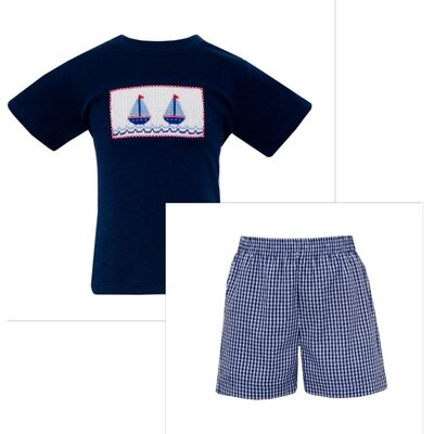 Anavini Sailboats Navy Gingham Boy's Short Set