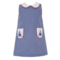 Anavini *PRE-ORDER*Sailboats Navy Gingham A-line Dress w/Pockets