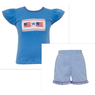 Anavini Flags Periwinkle Blue Gingham Girl's Short Set