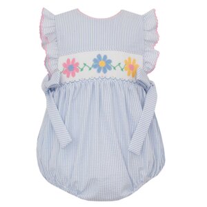 Anavini Daisies Lt Blue Seersucker Sleeveless Bubble w/Side Bows