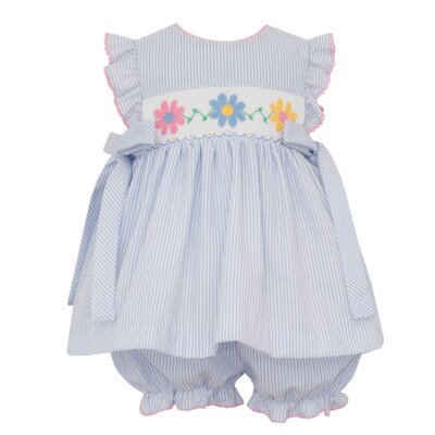 Anavini Daisies Lt Blue Seersucker Bloomer Set w/Side Bows
