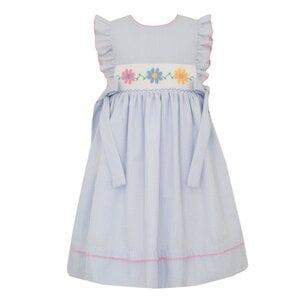Anavini *PRE-ORDER*Daisies Lt Blue Seersucker Sleeveless Dress w/Side Bows