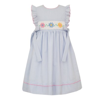 Anavini *PRE-ORDER*Daisies Lt Blue Seersucker Sleeveless Dress w/Side Bows