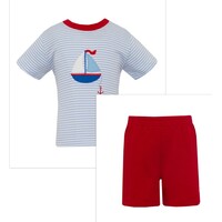 Claire & Charlie *PRE-ORDER*Sailboats Blue Knit Stripe Boy's Short Set