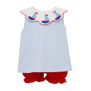 Claire & Charlie Sailboats Blue Knit Stripe Bloomer Set