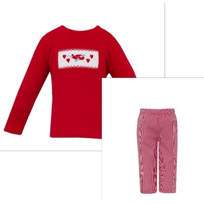 Anavini Valentine Planes Boy Red Knit LS Shirt w/ Red Gingham Pants