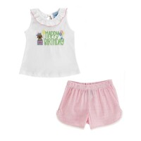 Bailey Boys Happy Birthday Girls T-shirt w/ Pink Check Seersucker Ruffle Short