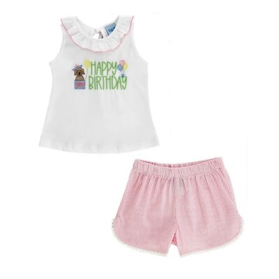Bailey Boys Happy Birthday Girls T-shirt w/ Pink Check Seersucker Ruffle Short