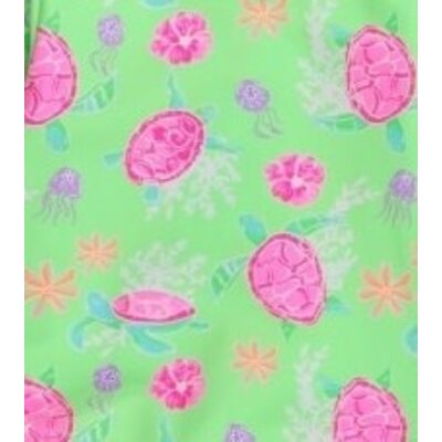 RuffleButts + RuggedButts Neon Turtle Tide Flutter Long Sleeve Rash Guard Skirted 2-Piece Swimsuit