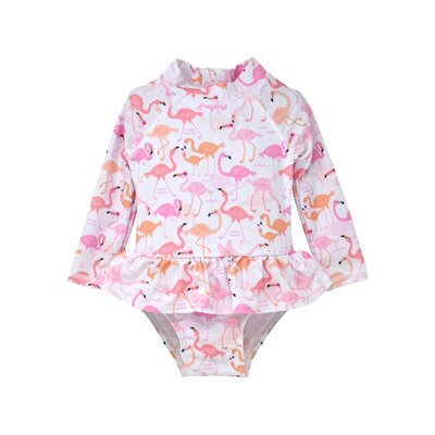 Flap Happy Flamingo Love UPF 50 Alissa Ruffle Rash Guard Swimsuit