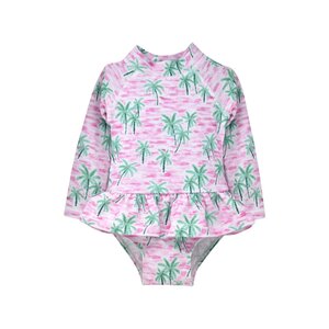 Flap Happy Artsy Palms Pink UPF 50 Alissa Ruffle Rash Guard Swimsuit