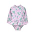 Flap Happy Artsy Palms Pink UPF 50 Alissa Ruffle Rash Guard Swimsuit