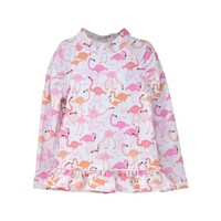 Flap Happy Flamingo Love UPF 50 Ruffle Rash Guard Swim Top